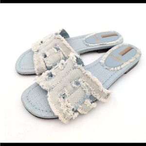 Sam Edelman Bay Fray Double E Logo Slide Sandals Robin Egg Blue Fabric Size 8.5